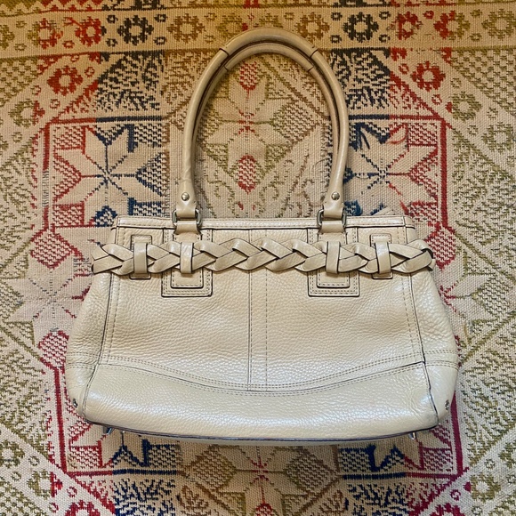 Coach Hampton Cream Leather Carryall Satchel Tote Handbag Braid Pebble F13084 - Picture 4 of 16